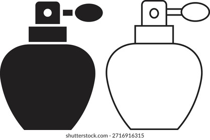 Botella de perfume plana, línea icono conjunto. Ilustración gráfica de Vectores que representa la fragancia del espray atomizador Cosmético minimalista elemento de silueta negra Luxury aislado sobre fondo transparente.