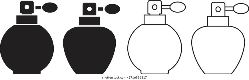 Botella de perfume plana, línea icono conjunto. Ilustración gráfica de Vectores que representa la fragancia del espray atomizador Cosmético minimalista elemento de silueta negra Luxury aislado sobre fondo transparente.