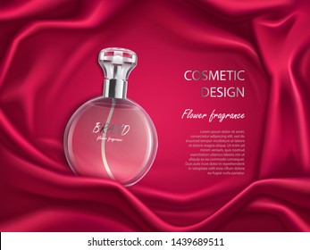 Perfume bottle, flower fragrance cosmetic design banner mock up. Glass flask packaging on red silk fabric background. Women cosmetics product, promo ad banner template Realistic 3d vector illustration