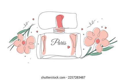 frasco de perfume, flor, hoja, concepto moderno. plantilla de lujo de belleza, cosméticos, botellas, aisladas en un fondo blanco. para imprimir, banner, postal, web. ilustración de vector