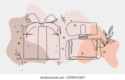 Duftflasche, Blume, Blatt im Stil einer Linie. moderne Illustration von weiblichem Toilettenwasser, Pastellfarben. für Banner, Druck, Einladung. Vektorkunst