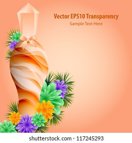 Perfume bottle with flowers and orange bow set on an orange background. Copy space for text. Raster also available.