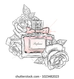 Perfume bottle and flowers. Vector .