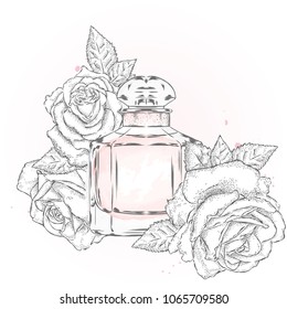 Perfume bottle and flowers. Vector .