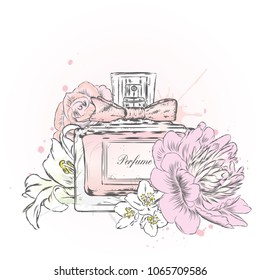 Perfume bottle and flowers. Vector .