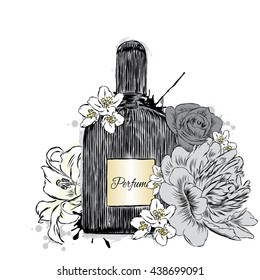 Perfume bottle and flowers. Vector.