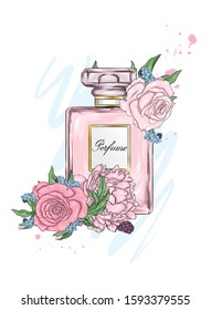 Botella perfume y flores. Ilustración vectorial. Moda y estilo, ropa y accesorios. Flores Peonies y rosas.