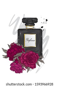 Perfume bottle and flowers. Vector illustration. Fashion and style, clothes and accessories. Flowers Peonies and roses.