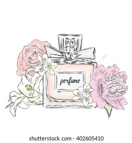 Perfume bottle and flowers. Vector illustration. 