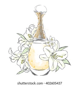Perfume bottle and flowers. Vector illustration.