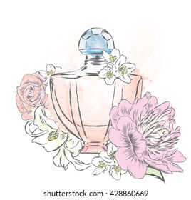Perfume bottle and flowers. Vector . Print on a postcard, poster or clothing.