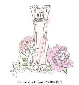 Perfume bottle and flowers. Vector . Print on a postcard, poster or clothing.