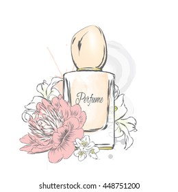 Perfume bottle and flowers. Vector . Print on a postcard, poster or clothing.