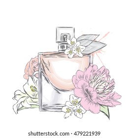 Perfume bottle and flowers. Vector . Print on a postcard, poster or clothing.