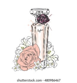 Perfume bottle and flowers. Vector. Print on a postcard, poster or clothing.