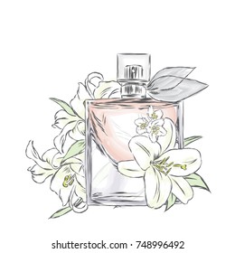 Perfume bottle and flowers. Vector . Print on a postcard, poster or clothing.