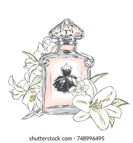 Perfume bottle and flowers. Vector . Print on a postcard, poster or clothing.