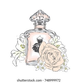 Perfume bottle and flowers. Vector . Print on a postcard, poster or clothing.