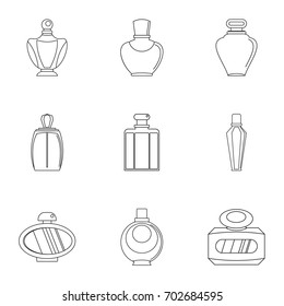 Perfume bottle form icon set. Outline set of 9 perfume bottle form vector icons for web isolated on white background