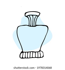 Perfume bottle, fragrant aroma.
Cosmetic product. Icon on a blue background. Vector