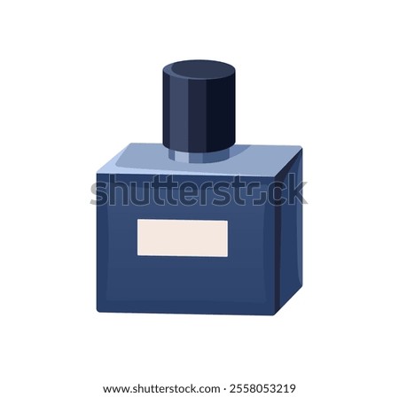 Perfume bottle. Fragrant odor in jar. Odour, scent, eau de toilette, aromatic essence, fluid in flask. Fragrance, perfumery, cosmetic product. Flat vector illustration isolated on white background