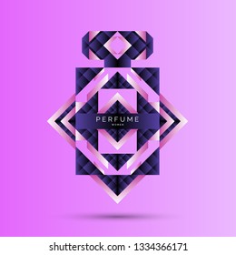 Perfume bottle with geometric pattern. Bright modern poster for advertising and sale Fragrance. Vector illustration