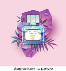 Perfume bottle with geometric pattern. Bright modern poster for advertising and sale Fragrance. Vector illustration