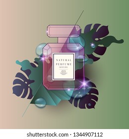 Perfume bottle with geometric pattern. Bright modern poster for advertising and sale Fragrance. Vector illustration