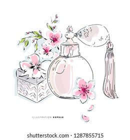 Perfume bottle with gift box and pink blossom flowers on white background hand drawn vector fashion illustration for fragrance sale design.