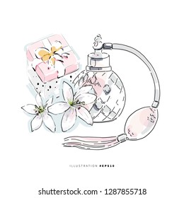 Perfume bottle with gift box and white lily flowers on white background hand drawn vector fashion illustration. 