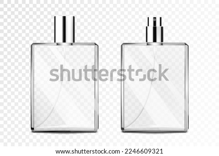 Perfume bottle. glass bottle for perfume and perfumery. Empty glass bottle with and without cap. Vector illustration realistic 3d mockup.