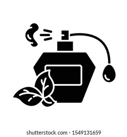 Perfume bottle glyph icon. Paraben free natural fragrance. Plant based scent. Personal care product. Hypoallergenic. Organic cosmetics. Silhouette symbol. Negative space. Vector isolated illustration