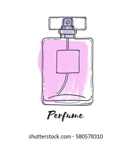 Perfume bottle hand drawn painted vector illustration. Eau de parfum. Eau de toilette. Brush stroke background.