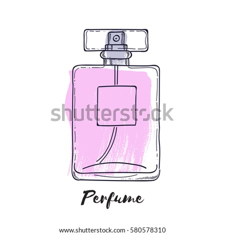Perfume bottle hand drawn painted vector illustration. Eau de parfum. Eau de toilette. Brush stroke background.