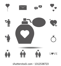 Perfume bottle with heart gift icon. Simple glyph, flat vector element of valentines day icons set for UI and UX, website or mobile application
