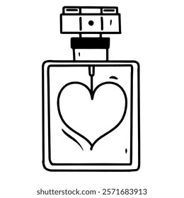 Perfume bottle with a heart Valentines day Hand drawn doodle line art illustration love elements greeting card decoration 