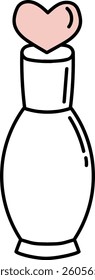A perfume bottle with a heart-shaped cap drawn in a minimalist style. The elegant container has clean lines and a simple aesthetic. Cartoon vector illustration.