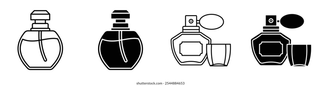 Perfume bottle icon collection in black and white filled and solid vector style.