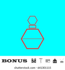 Perfume bottle icon flat. Red pictogram on blue background. Vector illustration symbol and bonus buttons Music center, corkscrew, credit card, house, drum