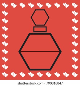 Perfume bottle icon flat. Simple black pictogram on red background with white hearts for valentines day. Vector illustration symbol