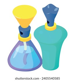 Perfume bottle icon isometric vector. Colorful glassy two various perfume bottle. Perfumery, cosmetic
