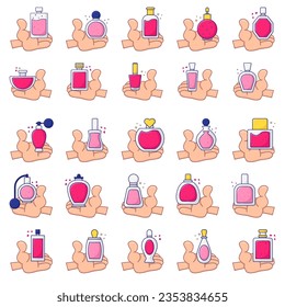 Perfume bottle, icon set. Eau de toilette. Packaging of various shapes, linear icons. Align with editable stroke