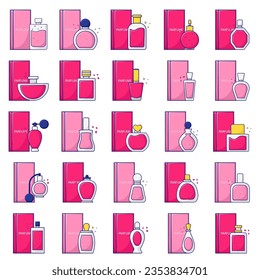 Perfume bottle, icon set. Eau de toilette. Packaging of various shapes, linear icons. Align with editable stroke