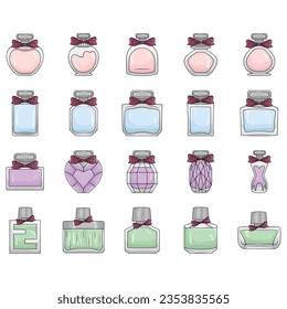 Botella Perfume, conjunto de iconos. Eau de retrete. Empaquetado de varias formas, iconos lineales. Alinear con trazo editable
