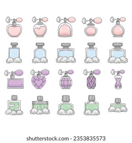 Perfume bottle, icon set. Eau de toilette. Packaging of various shapes, linear icons. Align with editable stroke