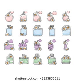 Perfume bottle, icon set. Eau de toilette. Packaging of various shapes, linear icons. Align with editable stroke