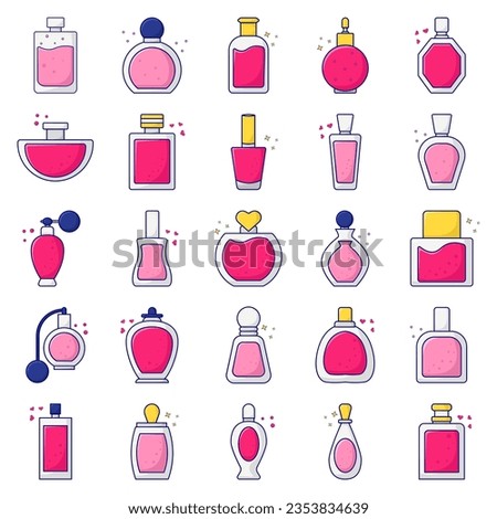 Perfume bottle, icon set. Eau de toilette. Packaging of various shapes, linear icons. Align with editable stroke