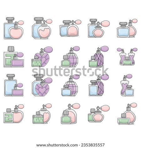 Perfume bottle, icon set. Eau de toilette. Packaging of various shapes, linear icons. Align with editable stroke