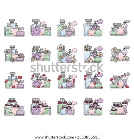 Perfume bottle, icon set. Eau de toilette. Packaging of various shapes, linear icons. Align with editable stroke
