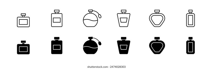 Conjunto de iconos de botella de perfume. Fragancia perfume Vector. Botella de perfume de línea y glifo